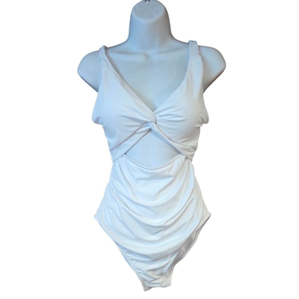 NWT Tempt Me White One Piece Swimsuit - Cutout V Neck Twist Front sz M